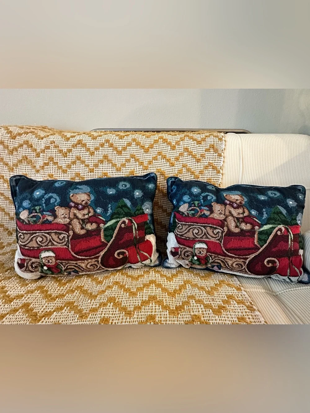 Vintage Style Christmas Tapestry Pillows Set of 2 Teddy Bear Sleigh